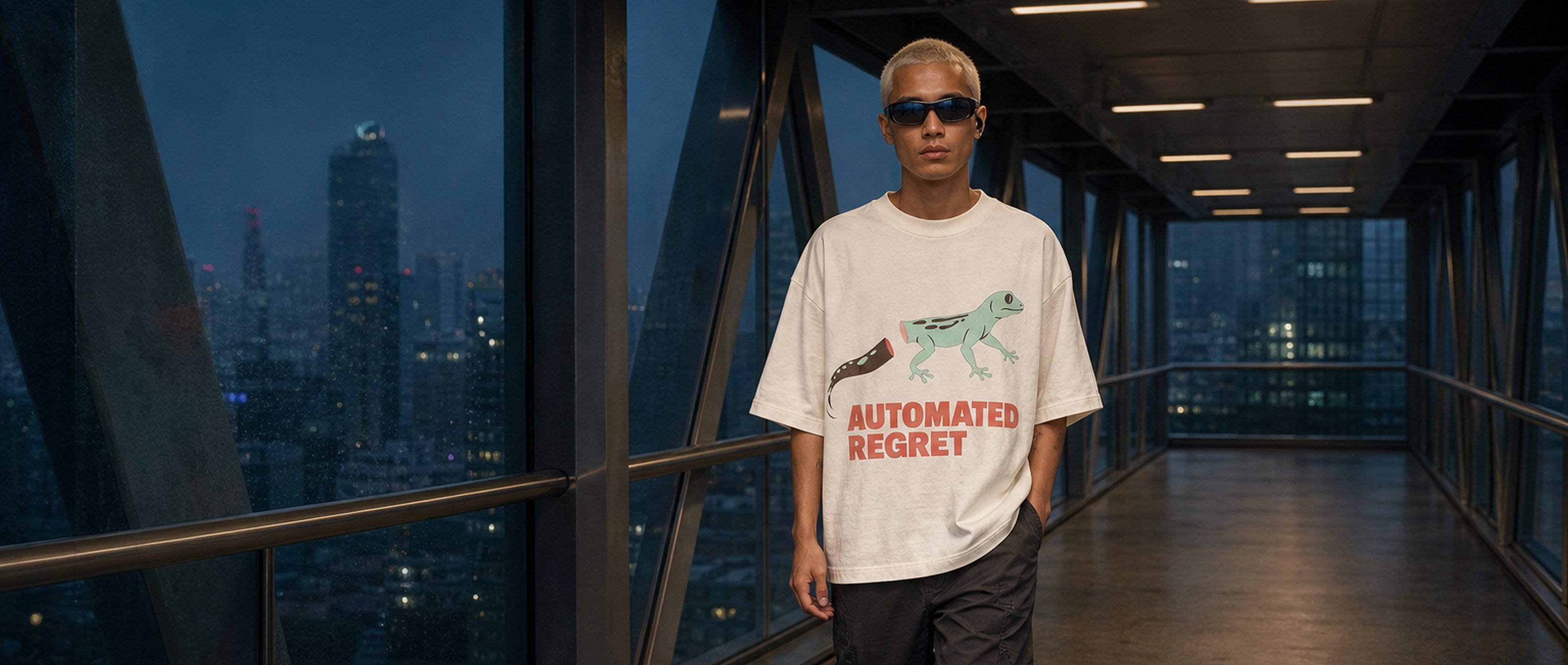 Adult model wearing the 3o1d AUTOMATED REGRET oversized T-shirt in Cream on a pre-dawn city skybridge.