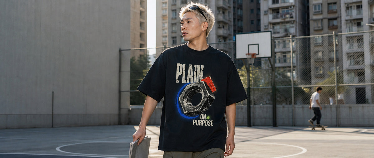Adult model in a Gen Z street-fashion shoot wearing the 3o1d PLAIN ON PURPOSE oversized T-shirt in Black.