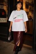 Model wearing the 3o1d AUTOMATED REGRET oversized T-shirt in Cool Heather Grey, front graphic.