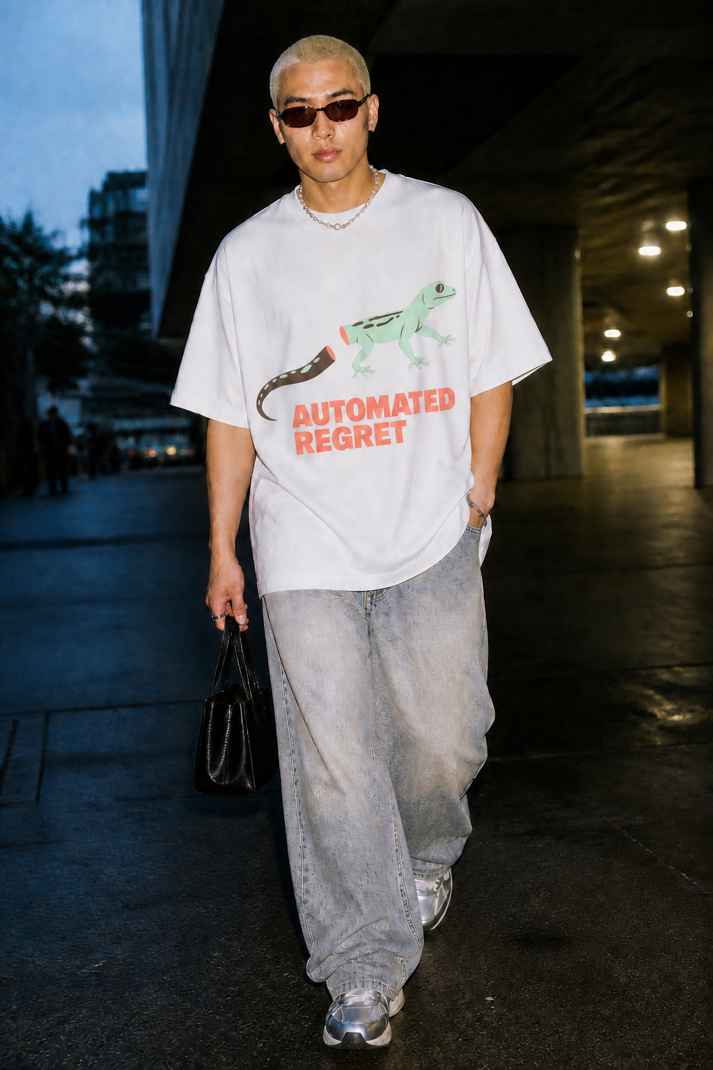 Model wearing the 3o1d AUTOMATED REGRET oversized T-shirt in White, front graphic.