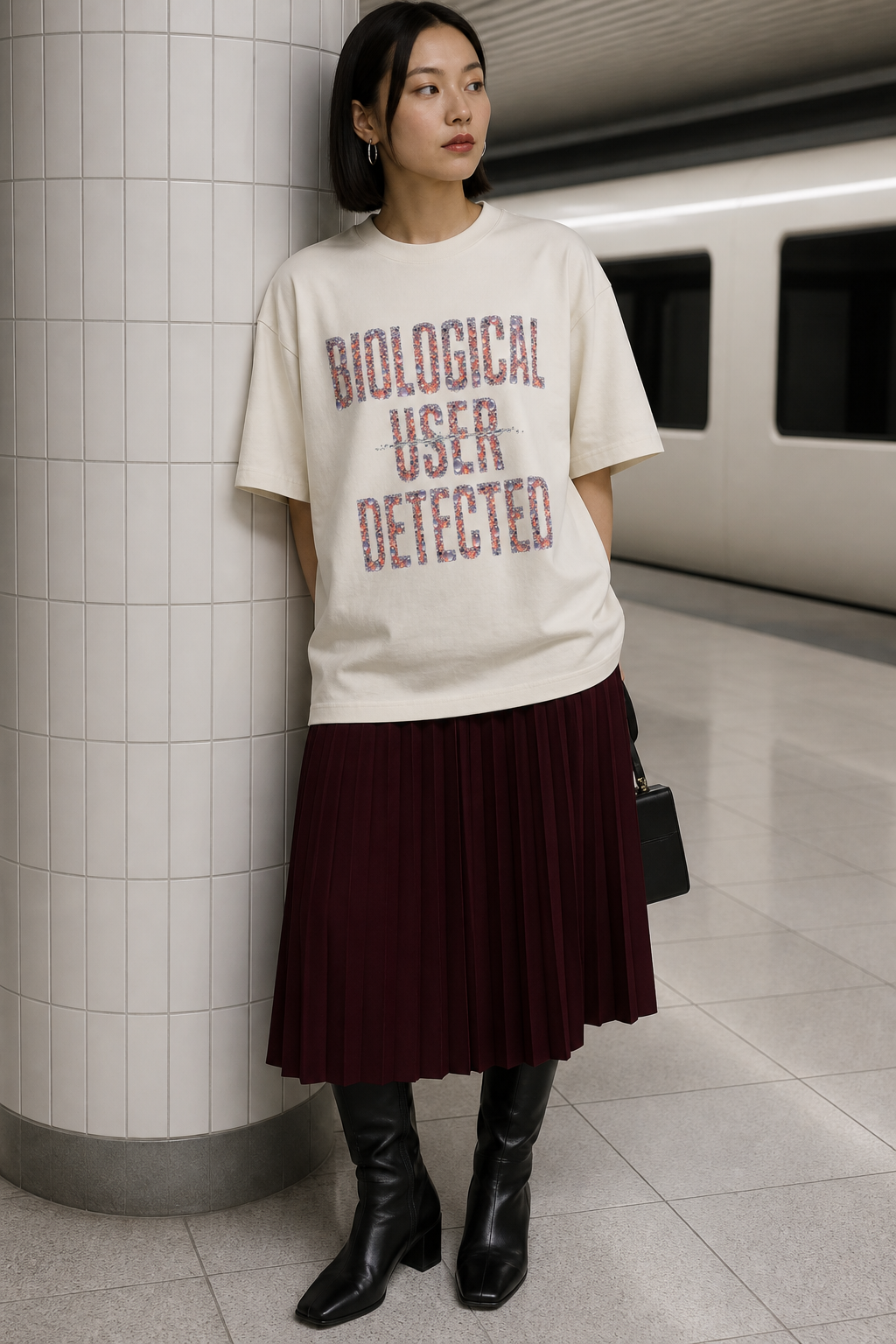 Model wearing the 3o1d BIOLOGICAL USER DETECTED oversized T-shirt in Cream, front graphic.