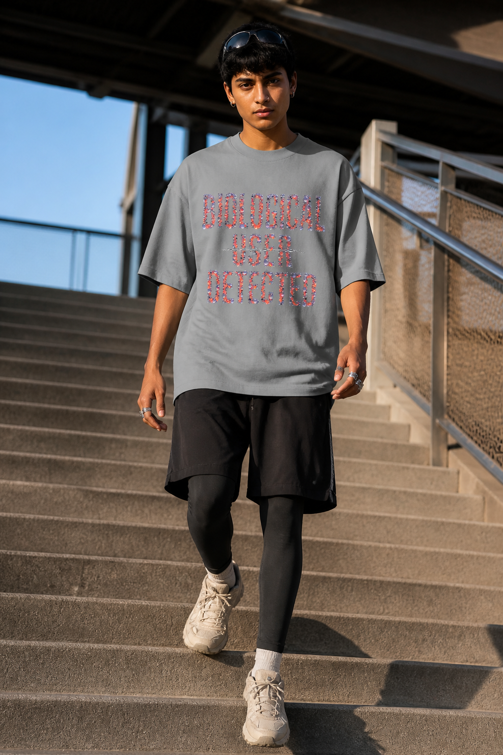 Model wearing the 3o1d BIOLOGICAL USER DETECTED oversized T-shirt in Misty Grey, front graphic.