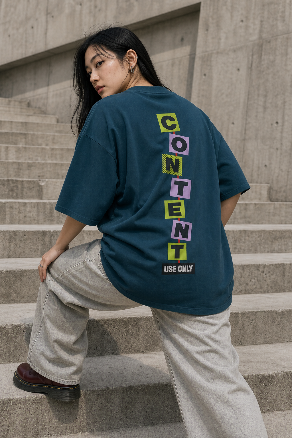 Model wearing the 3o1d CONTENT USE ONLY oversized T-shirt in Deep Teal, back graphic.