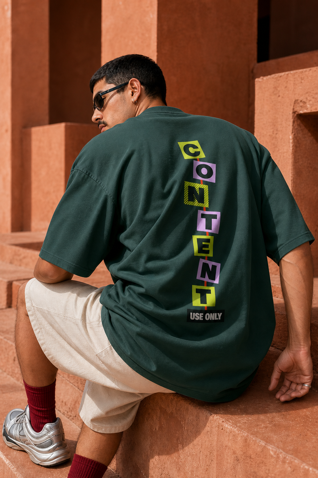 Model wearing the 3o1d CONTENT USE ONLY oversized T-shirt in Green Bay, back graphic.