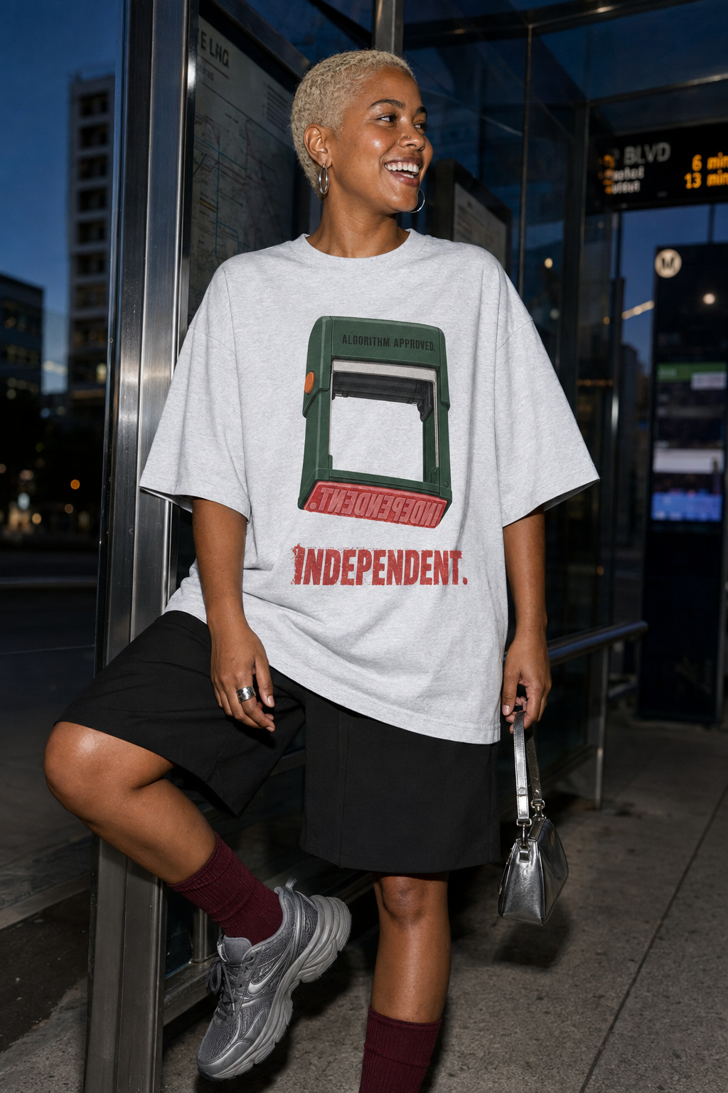 Model wearing the 3o1d INDEPENDENT. ALGORITHM APPROVED. oversized T-shirt in Cool Heather Grey, front graphic.