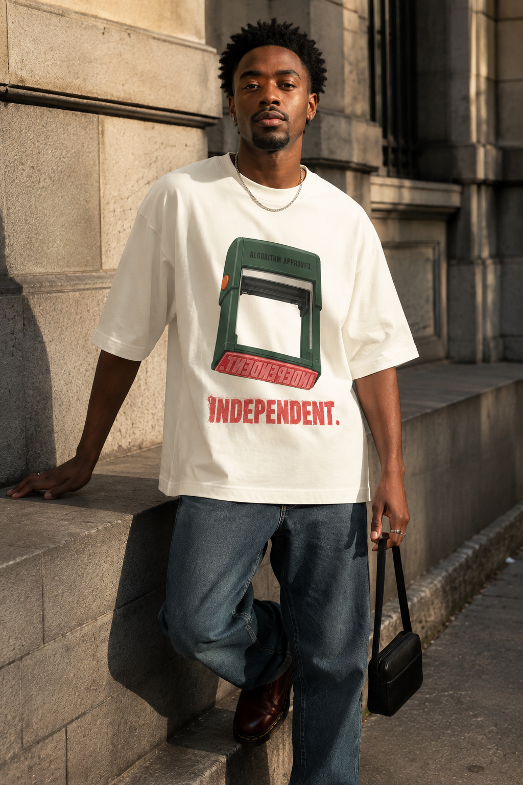 Model wearing the 3o1d INDEPENDENT. ALGORITHM APPROVED. oversized T-shirt in Cream, front graphic.