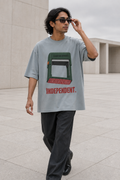 Model wearing the 3o1d INDEPENDENT. ALGORITHM APPROVED. oversized T-shirt in Misty Grey, front graphic.