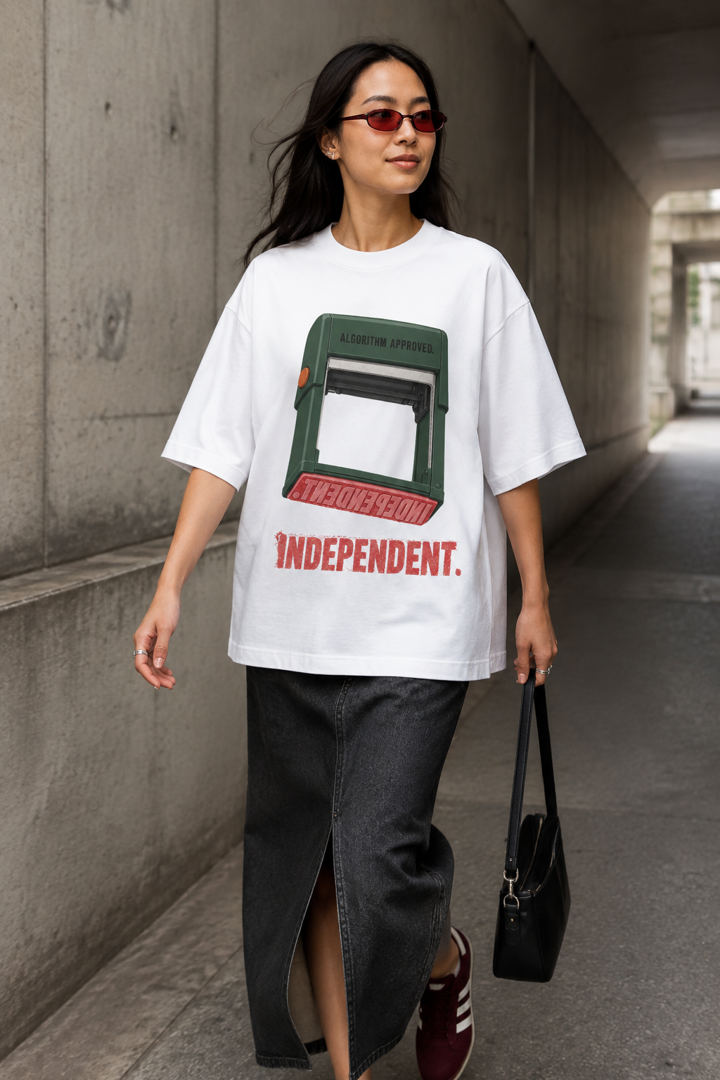 Model wearing the 3o1d INDEPENDENT. ALGORITHM APPROVED. oversized T-shirt in White, front graphic.