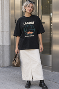 Model wearing the 3o1d LAB RAT / GLOBAL EDITION oversized T-shirt in Black, front graphic.