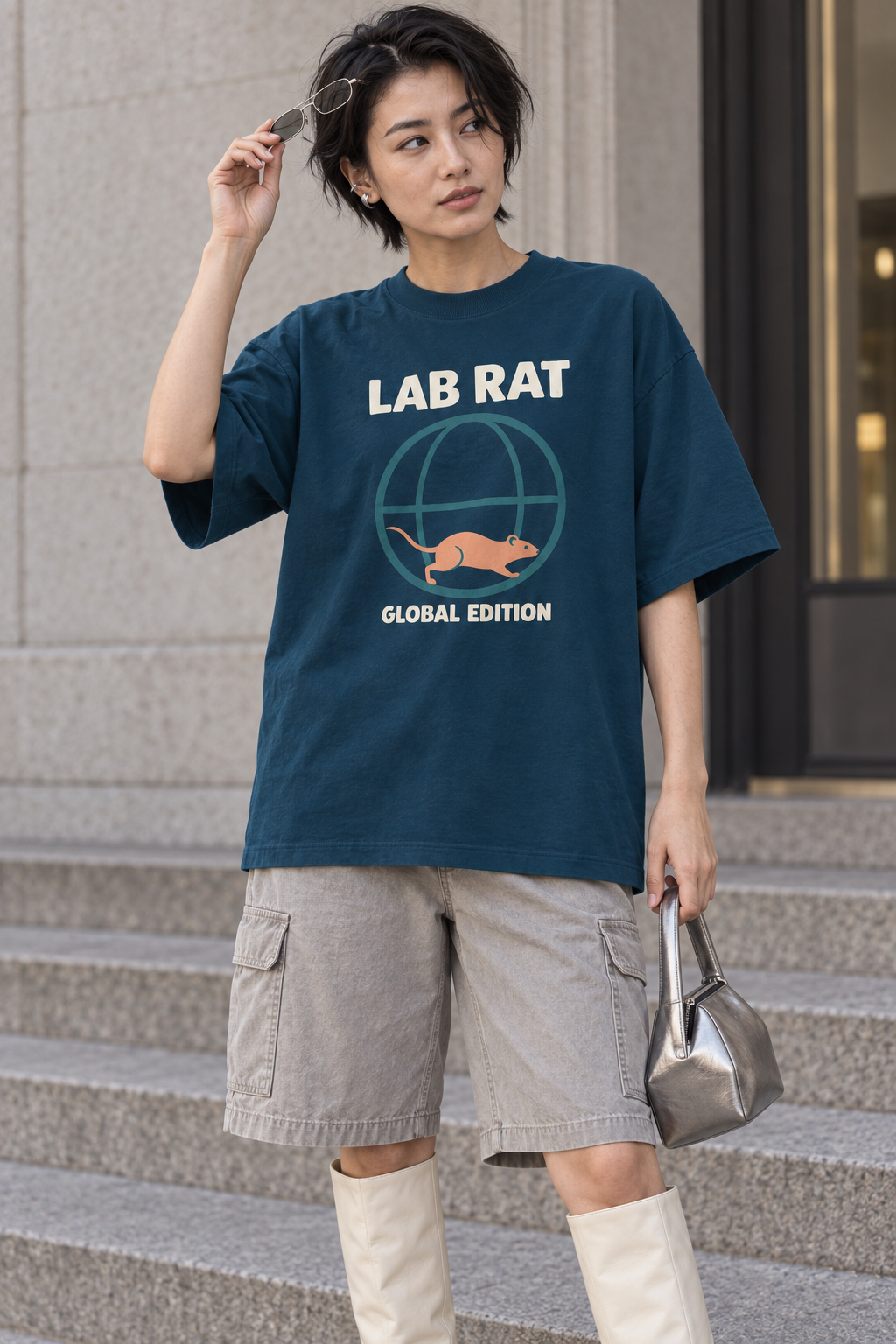 Model wearing the 3o1d LAB RAT / GLOBAL EDITION oversized T-shirt in Deep Teal, front graphic.
