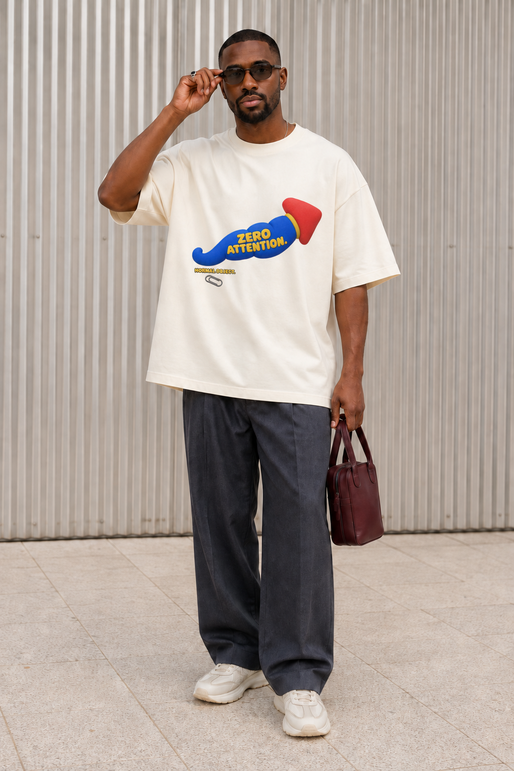 Model wearing the 3o1d NORMAL OBJECT. ZERO ATTENTION. oversized T-shirt in Cream, front graphic.