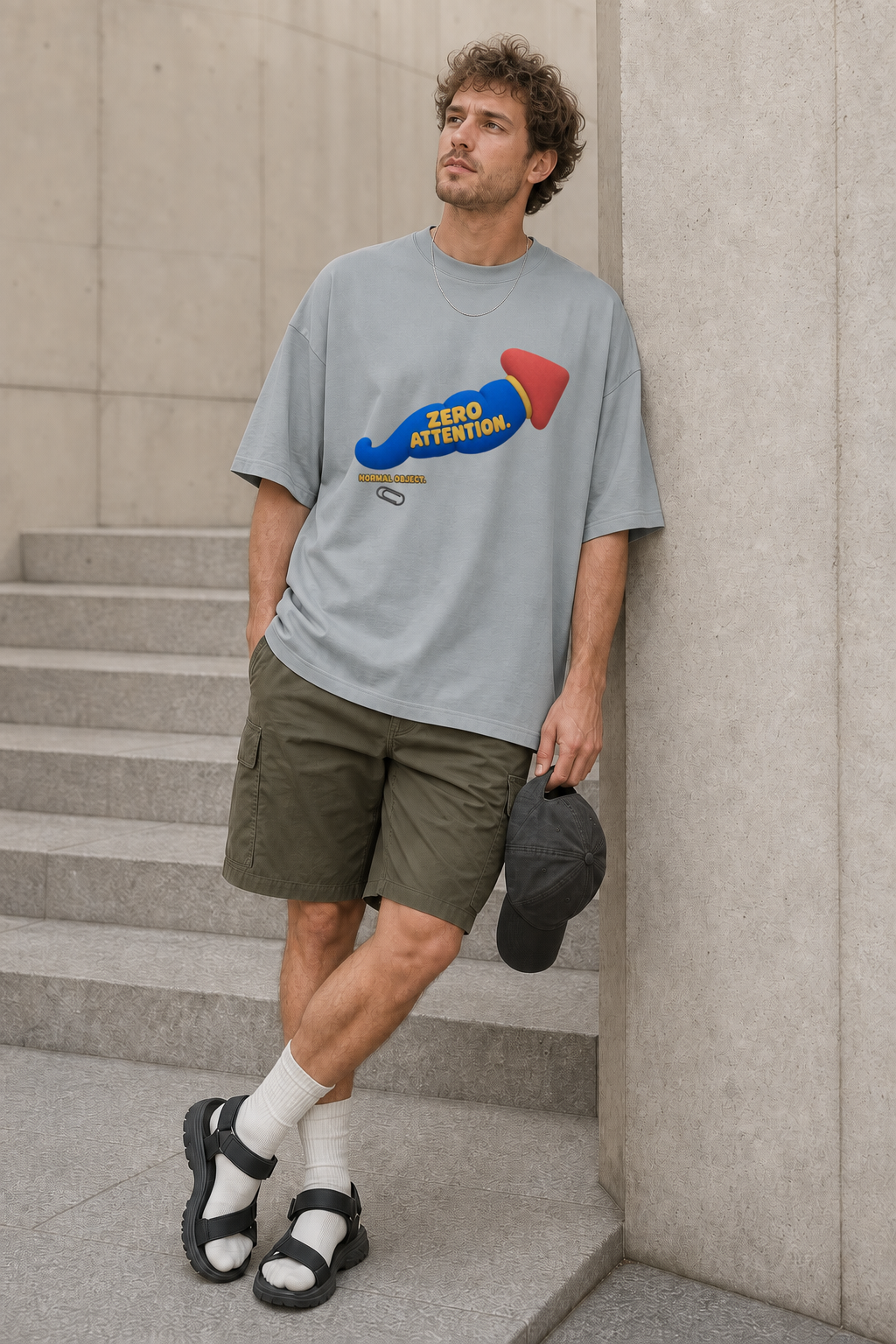 Model wearing the 3o1d NORMAL OBJECT. ZERO ATTENTION. oversized T-shirt in Misty Grey, front graphic.