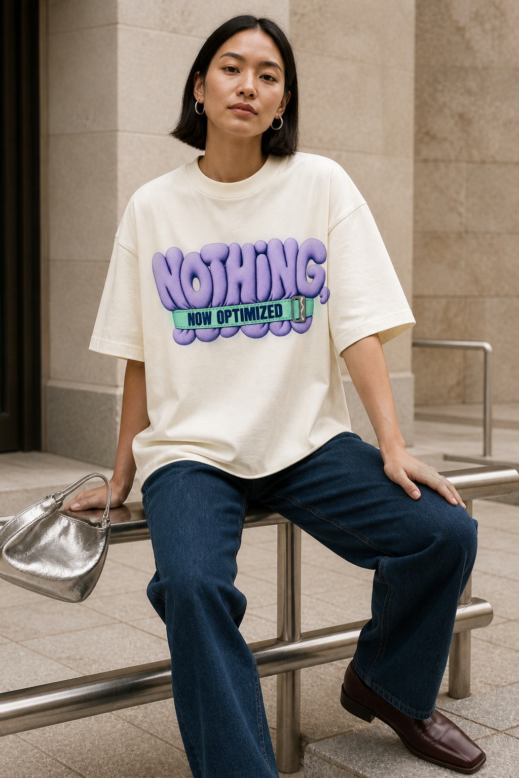 Model wearing the 3o1d NOTHING, NOW OPTIMIZED oversized T-shirt in Cream, front graphic.