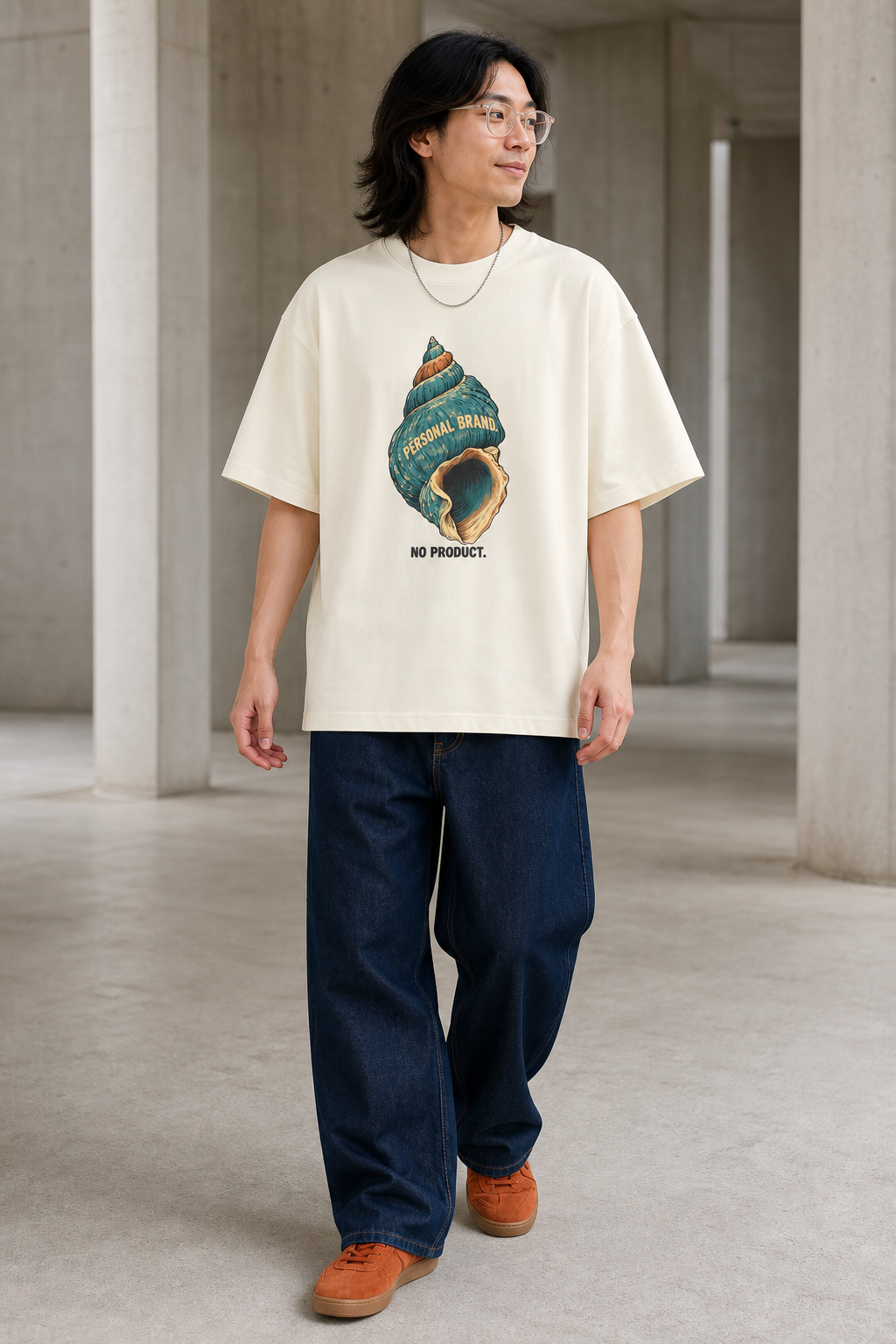 Model wearing the 3o1d PERSONAL BRAND. NO PRODUCT. oversized T-shirt in Cream, front graphic.
