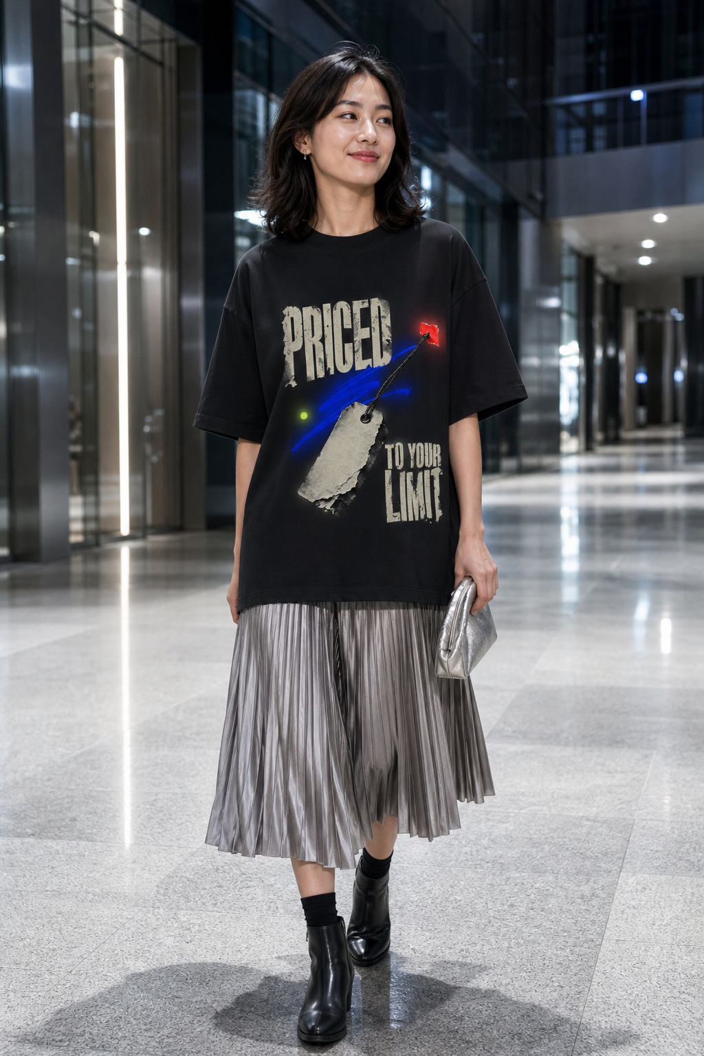 Model wearing the 3o1d PRICED TO YOUR LIMIT oversized T-shirt in Black, front graphic.