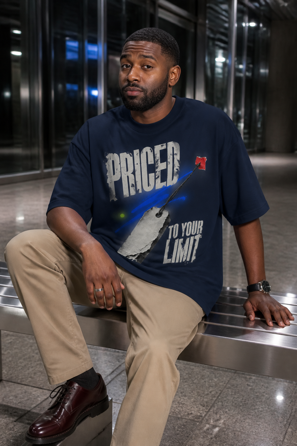 Model wearing the 3o1d PRICED TO YOUR LIMIT oversized T-shirt in French Navy, front graphic.