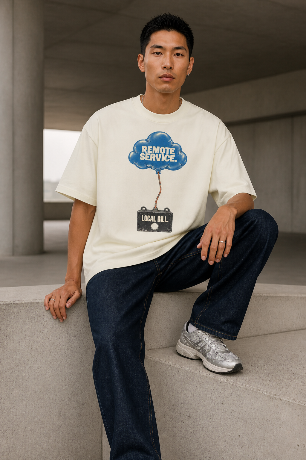 Model wearing the 3o1d REMOTE SERVICE. LOCAL BILL. oversized T-shirt in Cream, front graphic.