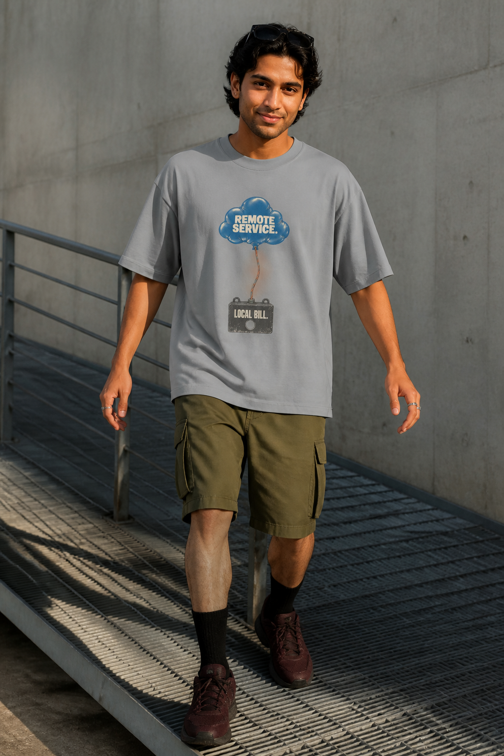 Model wearing the 3o1d REMOTE SERVICE. LOCAL BILL. oversized T-shirt in Misty Grey, front graphic.