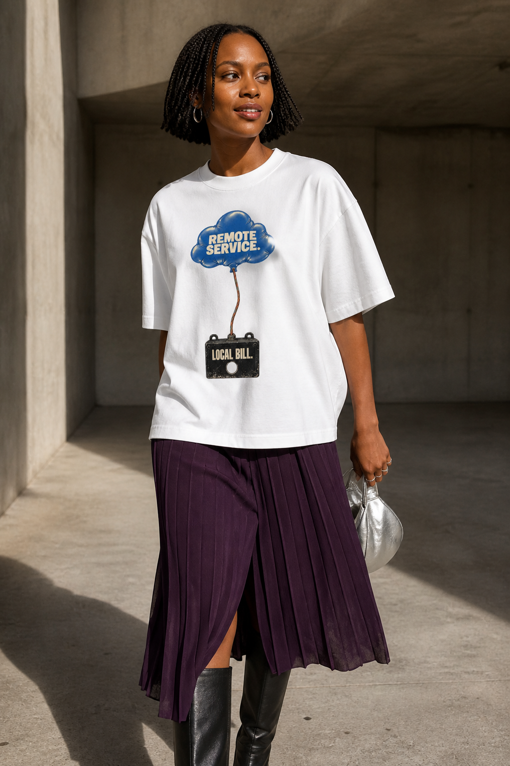 Model wearing the 3o1d REMOTE SERVICE. LOCAL BILL. oversized T-shirt in White, front graphic.