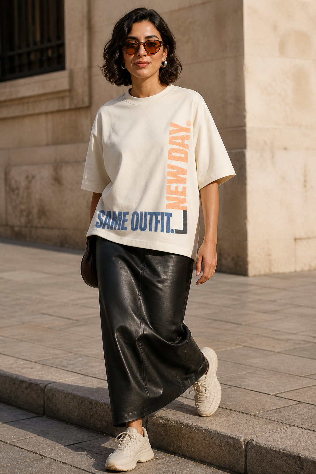 Model wearing the 3o1d SAME OUTFIT. NEW DAY. oversized T-shirt in Cream, front graphic.