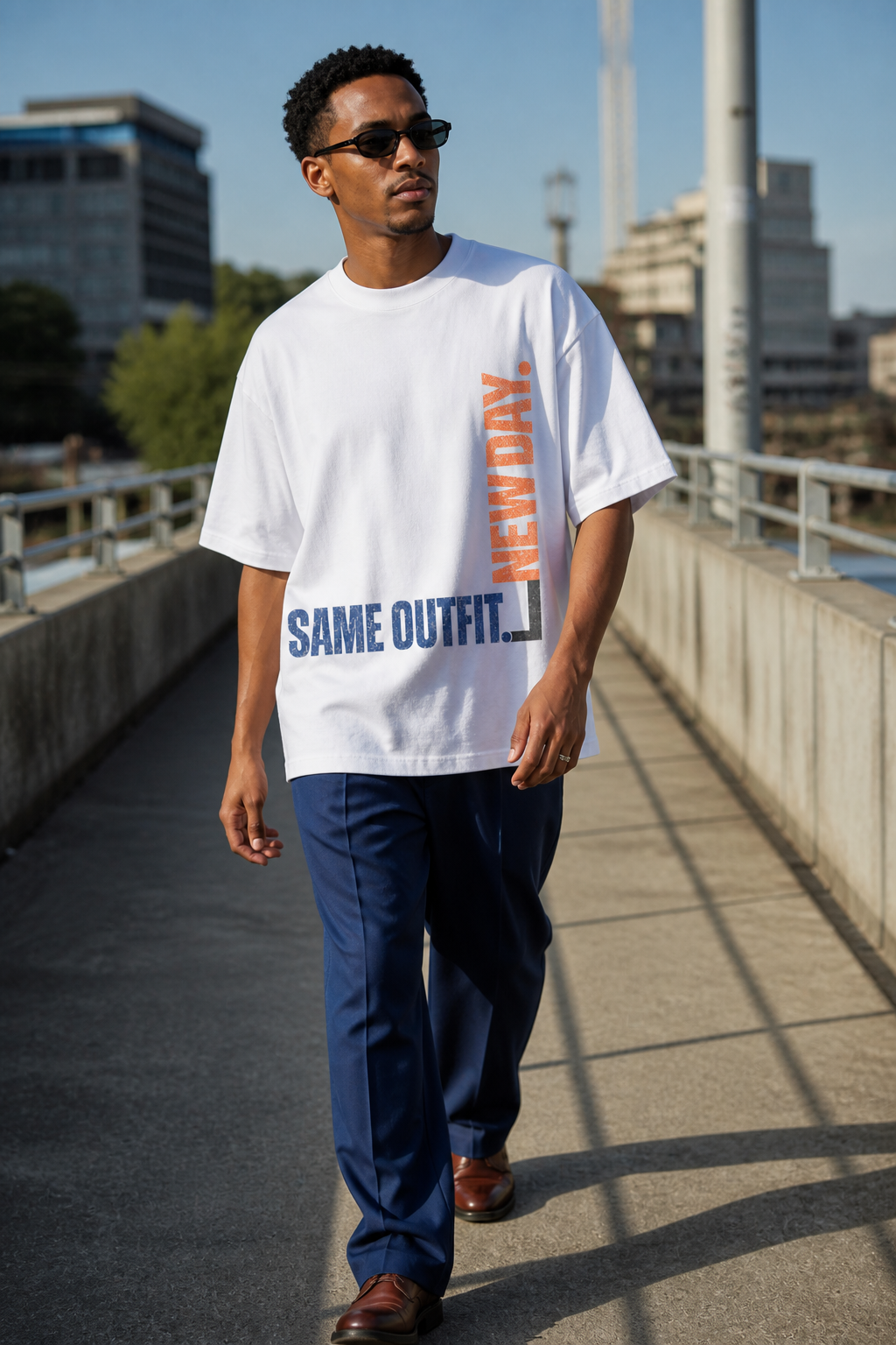 Model wearing the 3o1d SAME OUTFIT. NEW DAY. oversized T-shirt in White, front graphic.