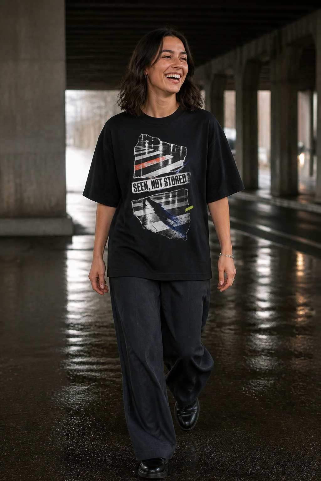 Model wearing the 3o1d SEEN, NOT STORED oversized T-shirt in Black, front graphic.