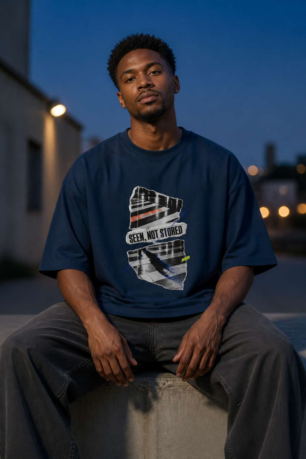 Model wearing the 3o1d SEEN, NOT STORED oversized T-shirt in French Navy, front graphic.
