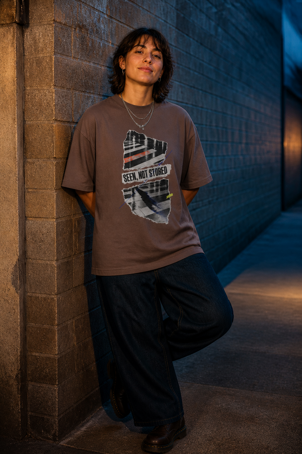 Model wearing the 3o1d SEEN, NOT STORED oversized T-shirt in Mocha, front graphic.