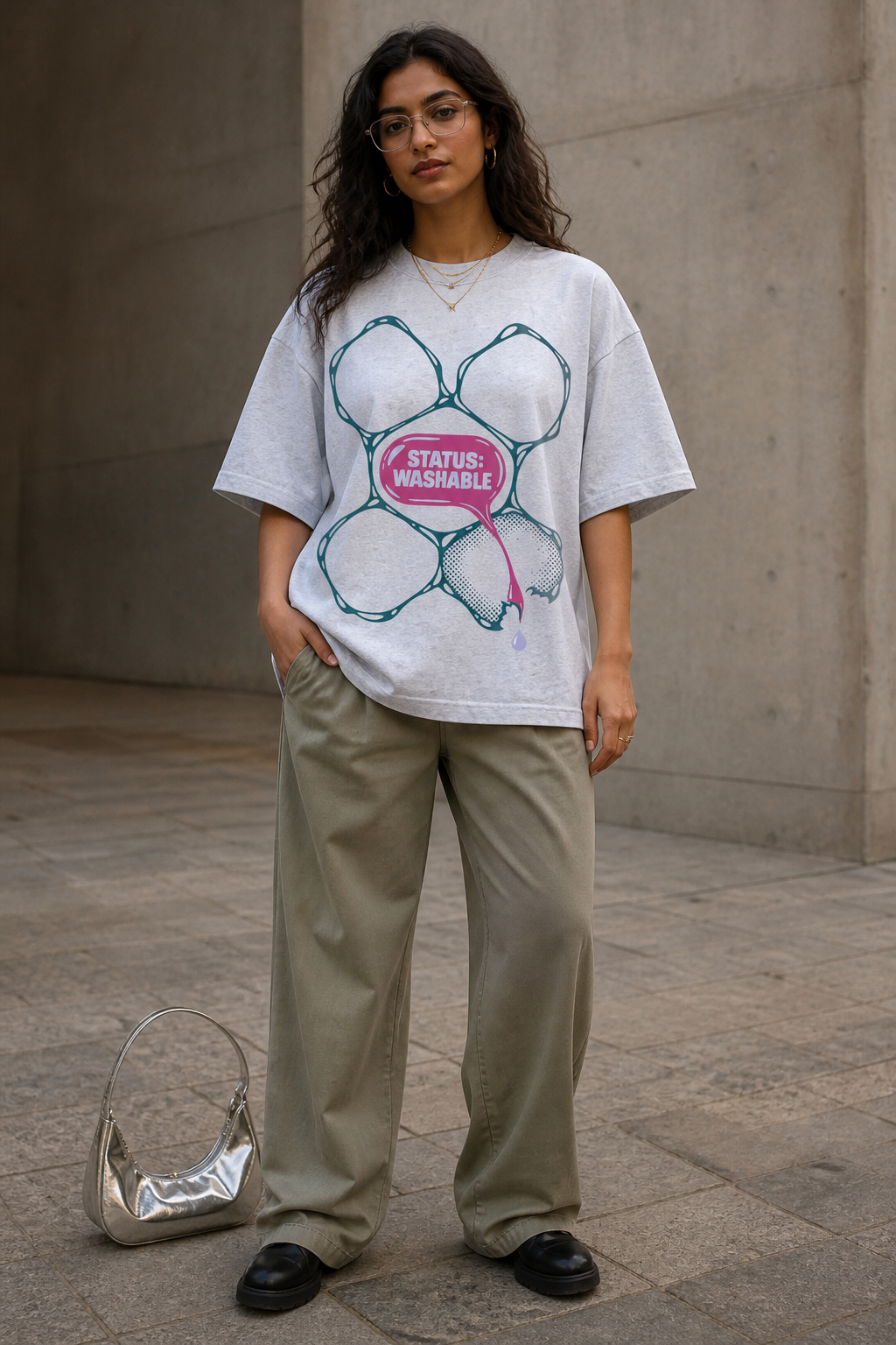 Model wearing the 3o1d STATUS: WASHABLE oversized T-shirt in Cool Heather Grey, front graphic.