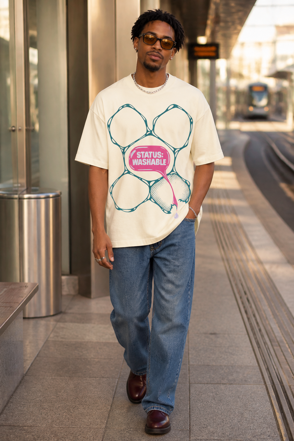 Model wearing the 3o1d STATUS: WASHABLE oversized T-shirt in Cream, front graphic.