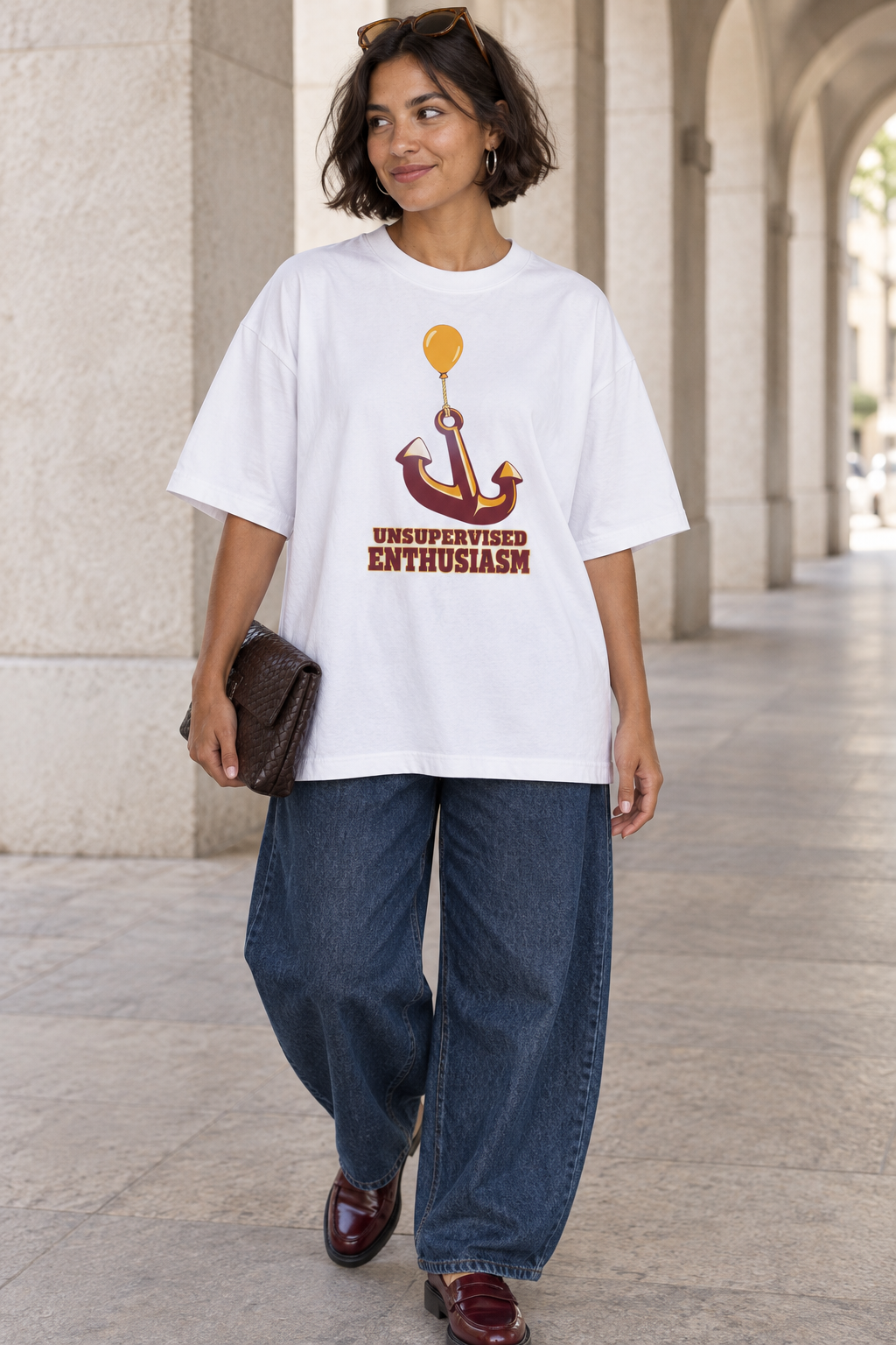 Model wearing the 3o1d UNSUPERVISED ENTHUSIASM oversized T-shirt in White, front graphic.