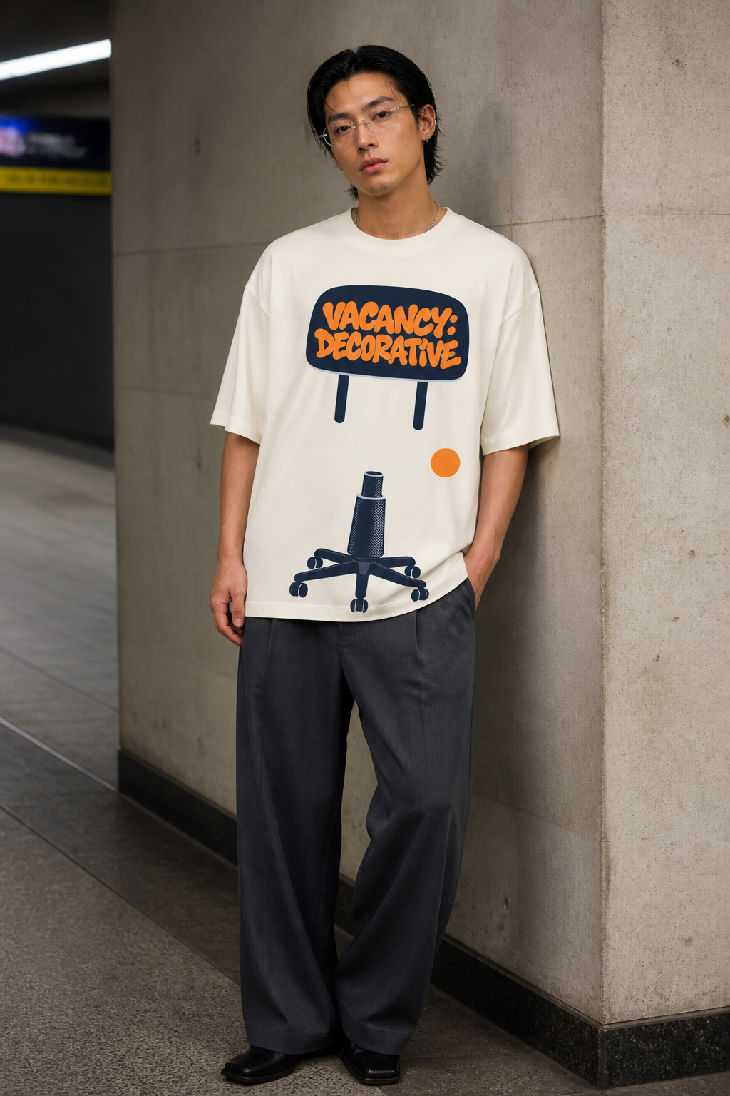 Model wearing the 3o1d VACANCY: DECORATIVE oversized T-shirt in Cream, front graphic.