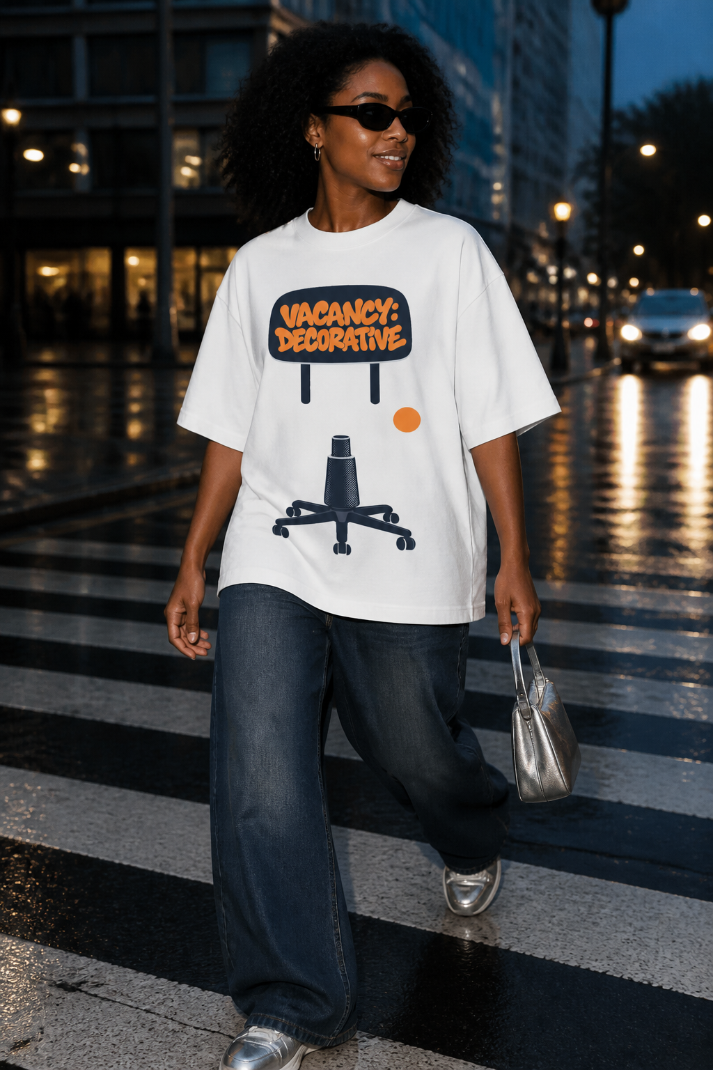 Model wearing the 3o1d VACANCY: DECORATIVE oversized T-shirt in White, front graphic.